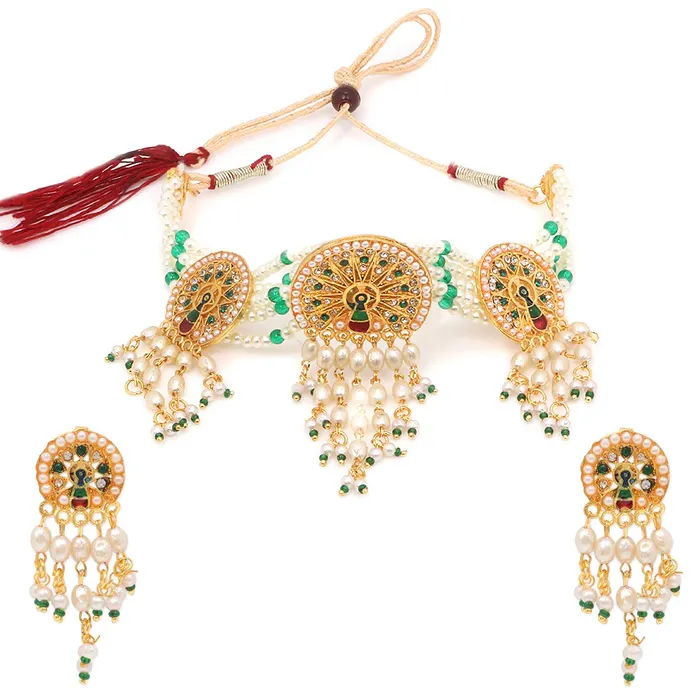 Earrings Yellow Chimes Ethnic Handcrafted Moti Multilayer Jewellery Set Gold Plated Traditional Peacock Choker Necklace Set for women Girls Green Yellow Chimes