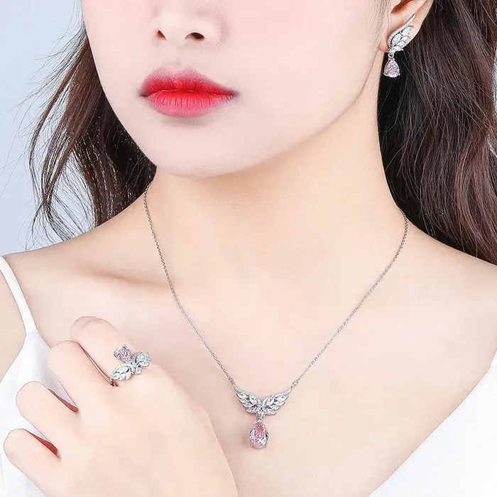 Earrings Mystic Flavia Pink Ruby Angel Wings Iced Silver Earrings