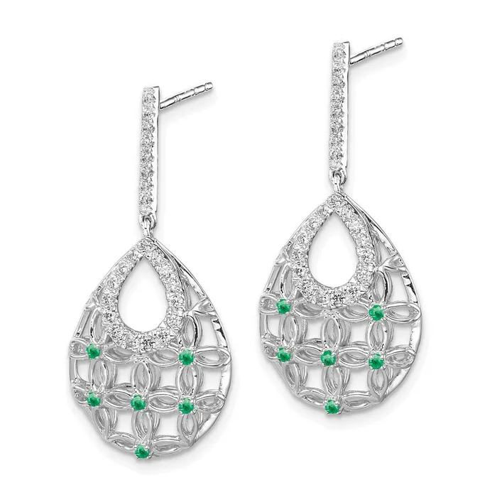 Earrings 14k White Gold Emerald and Real Diamond Dangle Earrings Goldia
