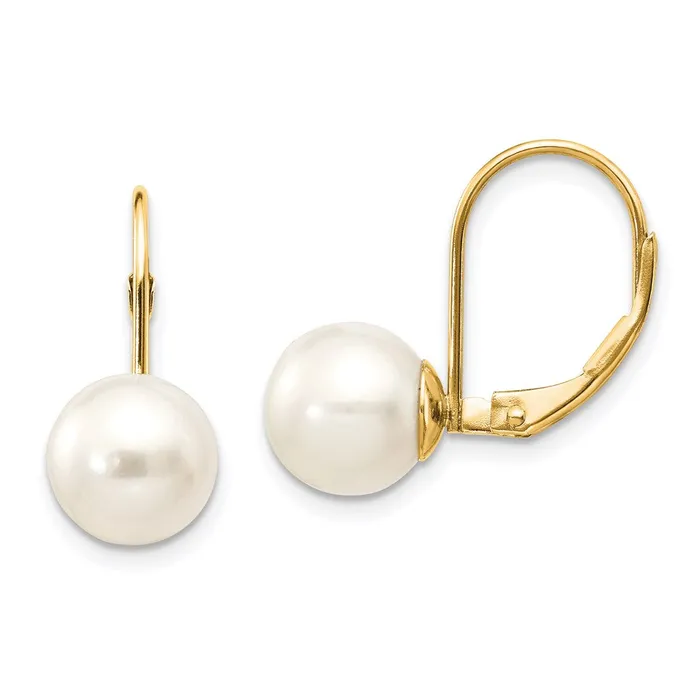 Earrings Goldia 14k Yellow Gold 89mm White Round Freshwater Cultured Pearl Leverback Earrings