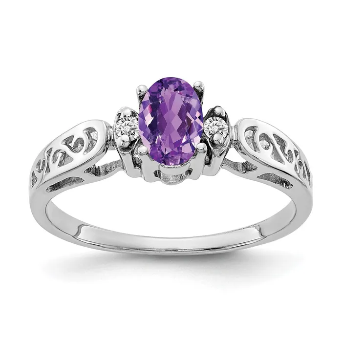 Goldiacom Rings 14k White Gold 6x4mm Oval Amethyst Checker AA Real Diamond ring