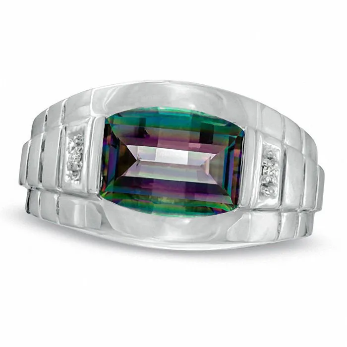 Goldia Mens BarrelCut Mystic Fire Topaz and Natural Diamond Accent Ring in Solid 10K White Gold Rings