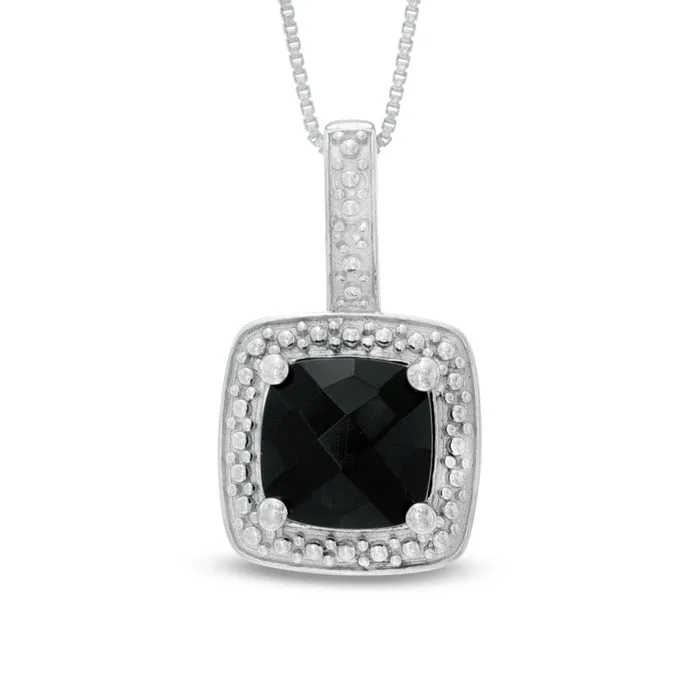 Goldia Necklaces 80mm PrincessCut Onyx and Natural Diamond Accent Frame Pendant in Sterling Silver