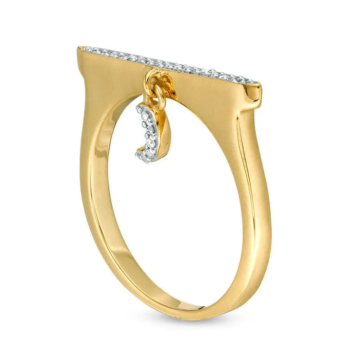 Goldia Rings 010 CT TW Natural Diamond Bar and Crescent Moon Charm Ring in Sterling Silver with Solid 14K Gold Plate