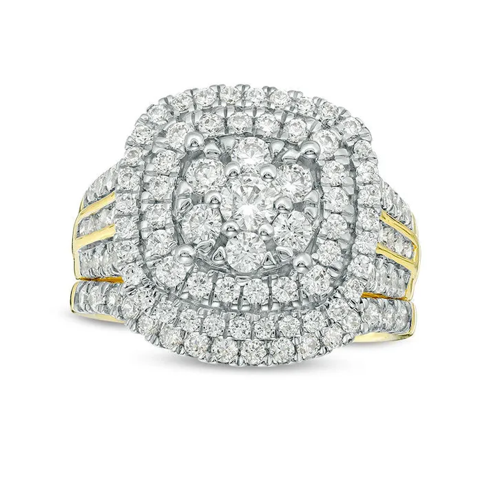 Goldia Rings 20 CT TW Natural Diamond Triple Cushion Frame Bridal Engagement Ring Set in Solid 10K Yellow Gold