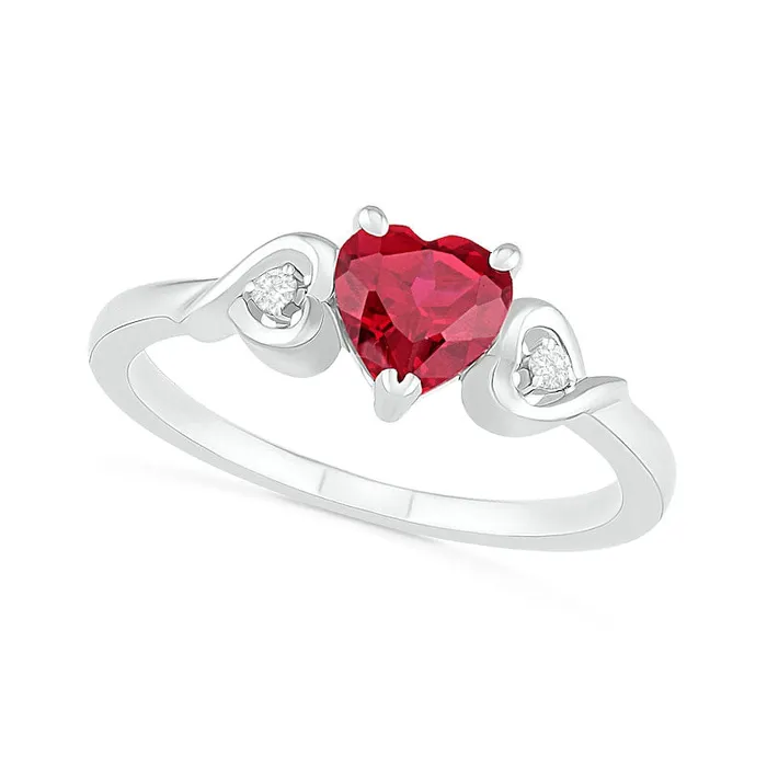 Goldia Rings 60mm HeartShaped LabCreated Ruby and White Sapphire Ribbon HeartSides Ring in Sterling Silver
