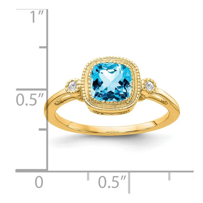 Goldia Rings Solid 14k Yellow Gold Cushion Simulated Blue Topaz and CZ Ring