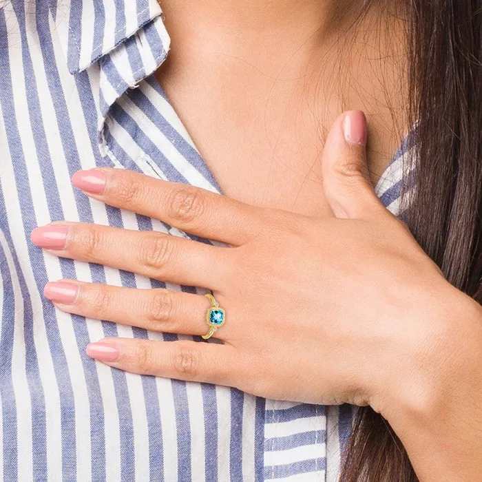 Goldia Rings Solid 14k Yellow Gold Cushion Simulated Blue Topaz and CZ Ring