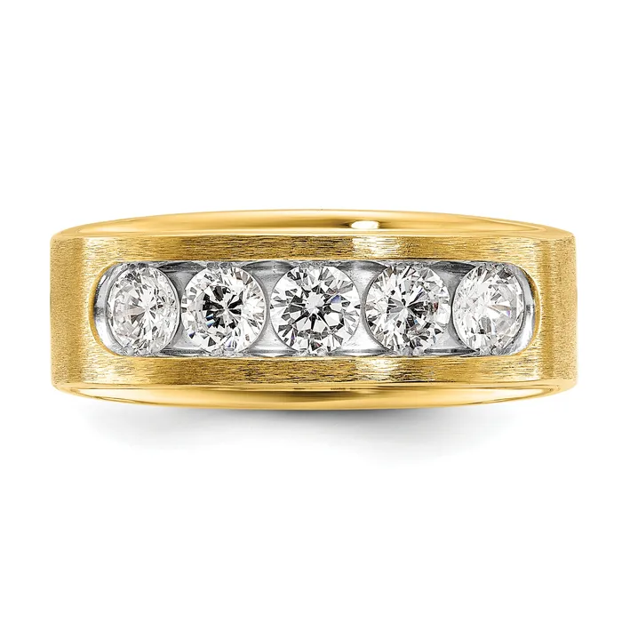 Rings 14k Yellow Gold with White Rhodium 1 Ct Lab Grown Diamond VSSI G Five Stone Polished and Brushed Mens Ring Goldia