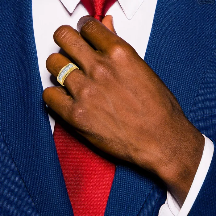 Rings 14k Yellow Gold with White Rhodium 1 Ct Lab Grown Diamond VSSI G Five Stone Polished and Brushed Mens Ring Goldia
