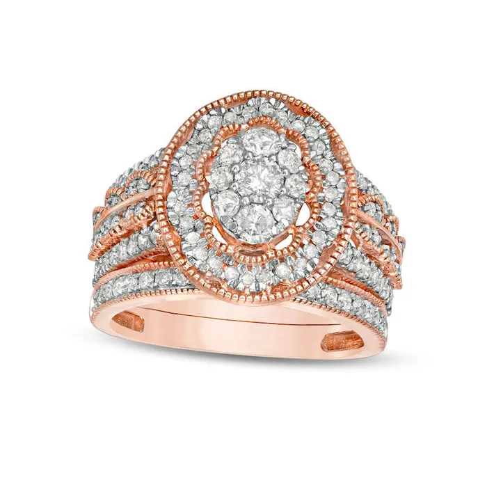 Rings Goldia 125 CT TW Composite Oval Natural Diamond Scallop Frame Antique VintageStyle Bridal Engagement Ring Set in Solid 10K Rose Gold