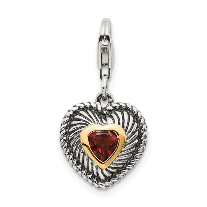 Necklaces TreasureFineJewelers Shey Couture Sterling Silver with 14K Accent Antiqued Heart Shaped Garnet with Lobster Clasp Heart Charm