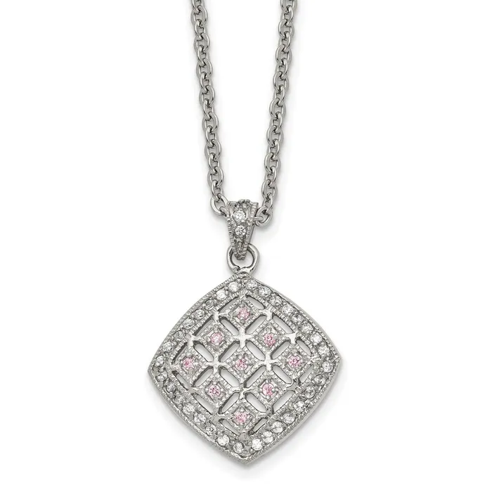 Stainless Steel Polished Clear and Pink CZ Square 18in Necklace TreasureFineJewelers Necklaces