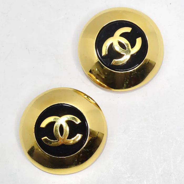 Chanel 1980s Jumbo Gold Plated Black CC Logo Clip On Earrings Vintage by Misty Earrings