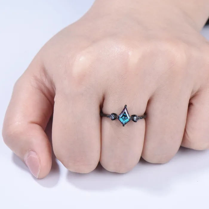 Dainty Black Gold Kite Cut Alexandrite Engagement Ring Minimalist Three Stone Dainty Wedding Ring Unique Handmade Proposal Gifts for Women PENFINE Rings