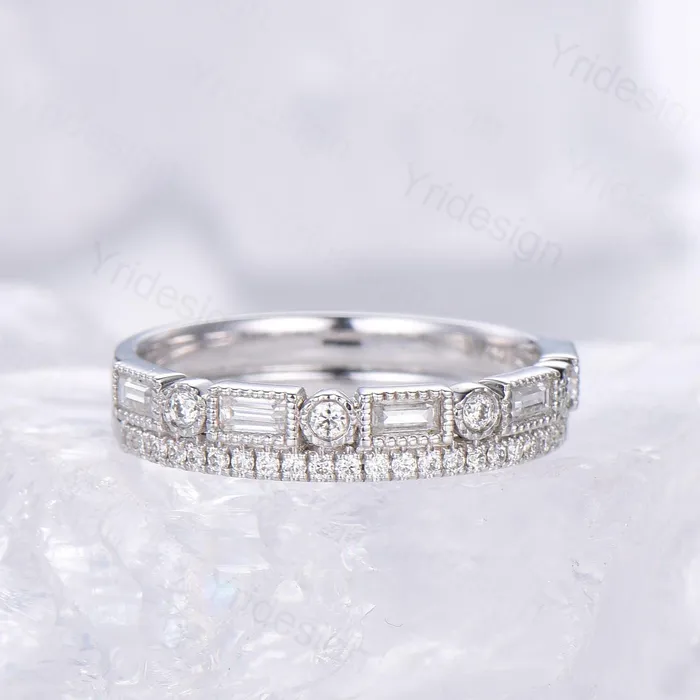 Enhance Baguette cut moissanite wedding band white gold Diamond Anniversary Gift For Wife Matching Stacking RingElegant Promise Band Women PENFINE Rings