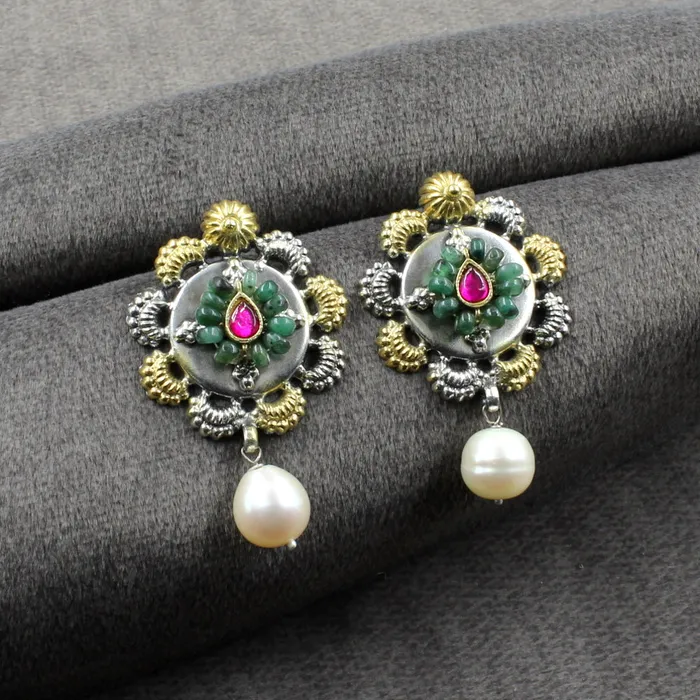 Karizma Jewels Earrings Jaipuri style two tone Real 925 Silver Dangle Emerald Pearl Jhumka Earrings for Women