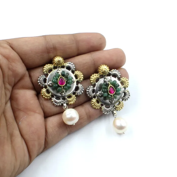 Karizma Jewels Earrings Jaipuri style two tone Real 925 Silver Dangle Emerald Pearl Jhumka Earrings for Women