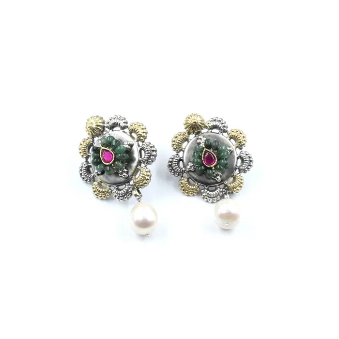 Karizma Jewels Earrings Jaipuri style two tone Real 925 Silver Dangle Emerald Pearl Jhumka Earrings for Women