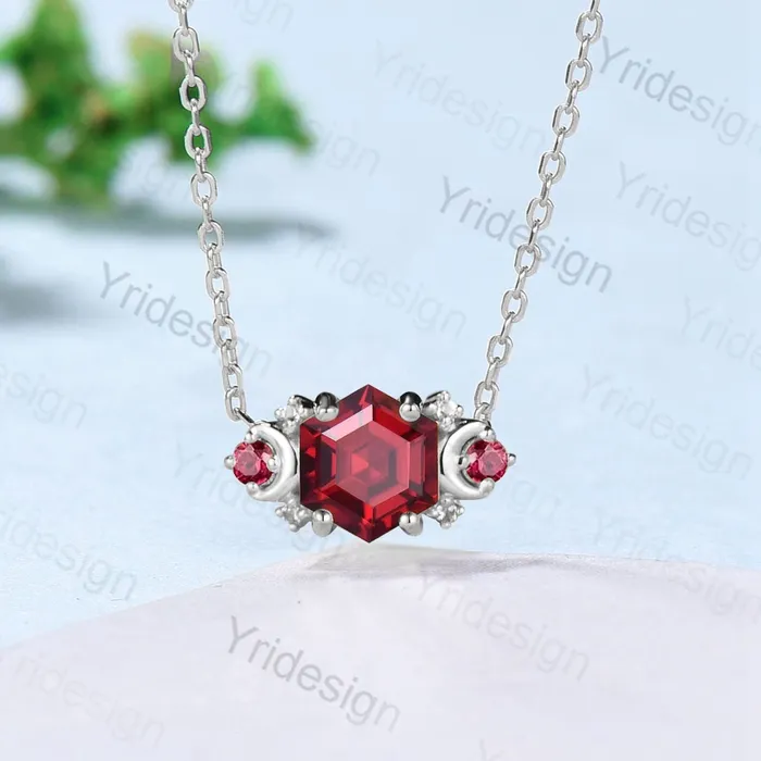 PENFINE Necklaces Vintage hexagon garnet pendant necklace cluster moissanite moon pendant necklace 14k18k rose gold garnet necklace promise gift for women