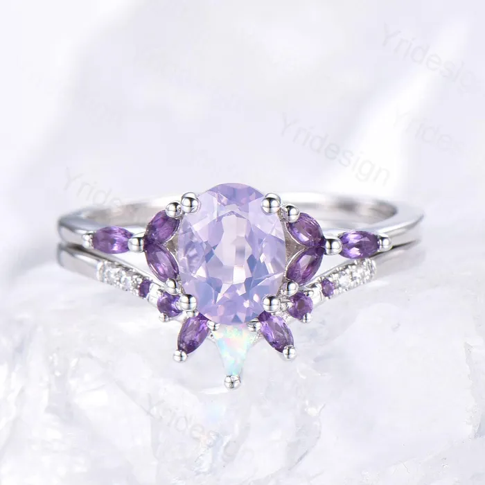 PENFINE Rings Vintage Oval natural Lavender Amethyst Engagement Ring Set Unique Seven Stone Marquise Amethyst Wedding Bridal Set February Birthstone Gift