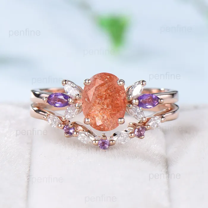 PENFINE Vintage 15 CT oval sunstone engagement ring set retro marquise cut amethyst wedding ring art deco diamond moissanite stacking bridal set Rings