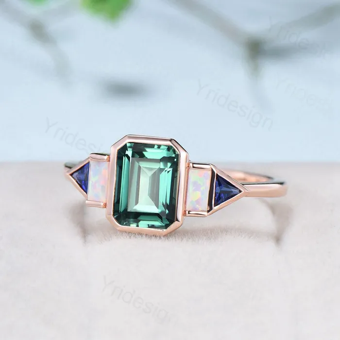 Rings PENFINE Unique Bezel Set Emerald Cut Green Sapphire Engagement Ring Retro Baguette Opal Trillion Blue Sapphire Wedding Ring Vintage Anniversary Gift Rings PENFINE Unique Bezel Set Emerald Cut Green Sapphire Engagement Ring Retro Baguette Opal Trillion Blue Sapphire Wedding Ring Vintage Anniversary Gift