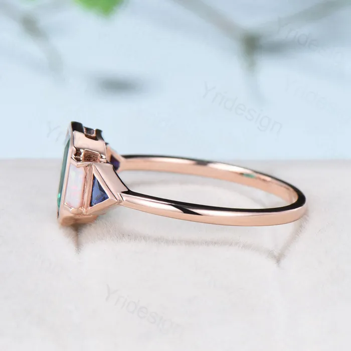 Rings PENFINE Unique Bezel Set Emerald Cut Green Sapphire Engagement Ring Retro Baguette Opal Trillion Blue Sapphire Wedding Ring Vintage Anniversary Gift Rings PENFINE Unique Bezel Set Emerald Cut Green Sapphire Engagement Ring Retro Baguette Opal Trillion Blue Sapphire Wedding Ring Vintage Anniversary Gift