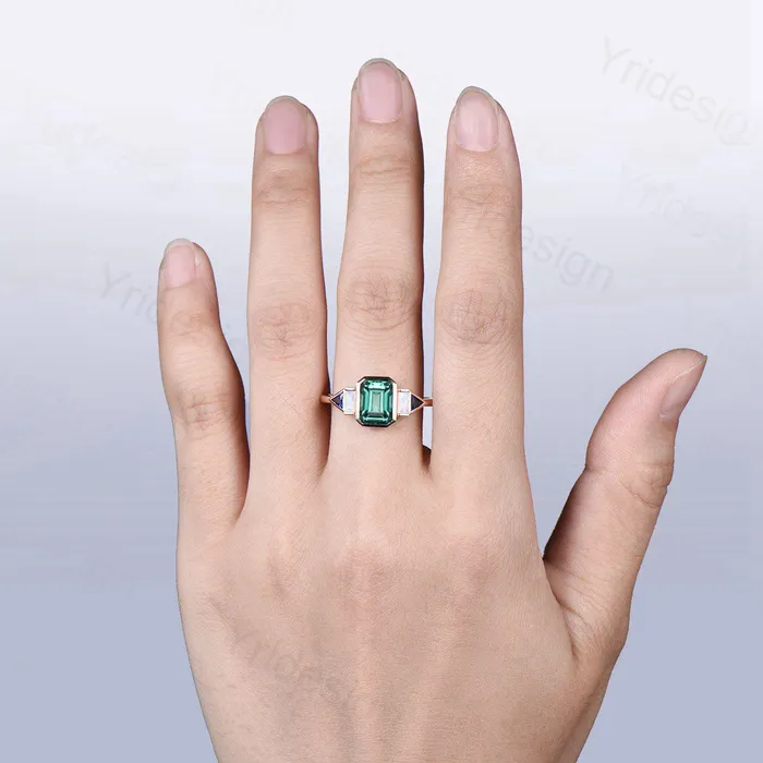 Rings PENFINE Unique Bezel Set Emerald Cut Green Sapphire Engagement Ring Retro Baguette Opal Trillion Blue Sapphire Wedding Ring Vintage Anniversary Gift Rings PENFINE Unique Bezel Set Emerald Cut Green Sapphire Engagement Ring Retro Baguette Opal Trillion Blue Sapphire Wedding Ring Vintage Anniversary Gift