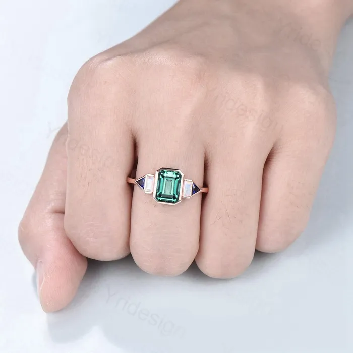 Rings PENFINE Unique Bezel Set Emerald Cut Green Sapphire Engagement Ring Retro Baguette Opal Trillion Blue Sapphire Wedding Ring Vintage Anniversary Gift Rings PENFINE Unique Bezel Set Emerald Cut Green Sapphire Engagement Ring Retro Baguette Opal Trillion Blue Sapphire Wedding Ring Vintage Anniversary Gift