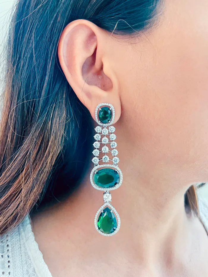 Three Layered Diamond and Emerald Set Earrings Necklace PRERTO ECOMMERCE PRIVATE LIMITED Earrings