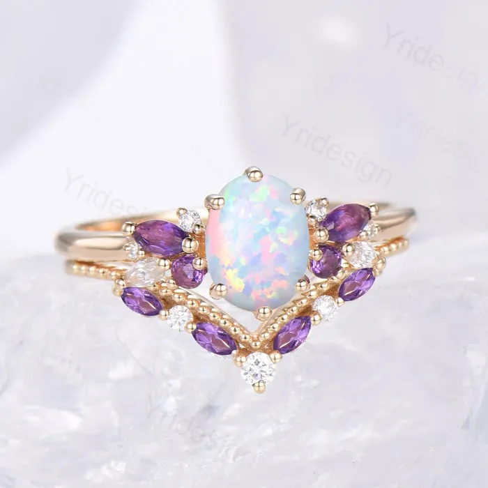 Unique White Opal Engagement Ring Set Alternative Cluster Amethyst Fire Opal Wedding Ring Vintage Bee Opal Amethyst Bridal Set For Women PENFINE Rings Unique White Opal Engagement Ring Set Alternative Cluster Amethyst Fire Opal Wedding Ring Vintage Bee Opal Amethyst Bridal Set For Women PENFINE Rings
