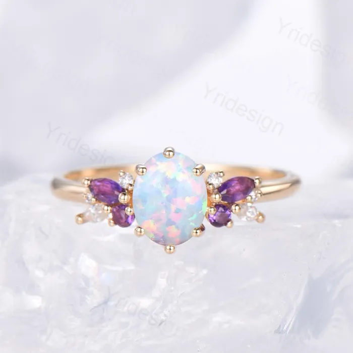Unique White Opal Engagement Ring Set Alternative Cluster Amethyst Fire Opal Wedding Ring Vintage Bee Opal Amethyst Bridal Set For Women PENFINE Rings Unique White Opal Engagement Ring Set Alternative Cluster Amethyst Fire Opal Wedding Ring Vintage Bee Opal Amethyst Bridal Set For Women PENFINE Rings