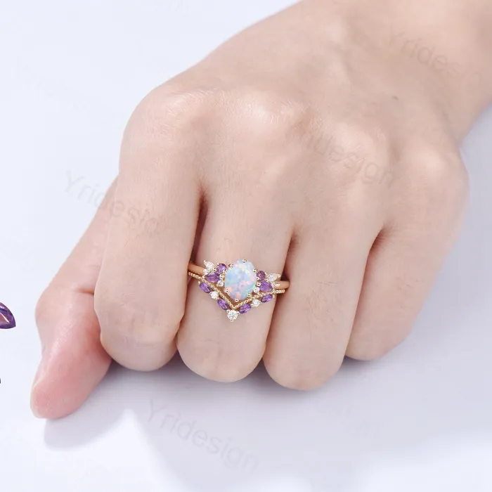 Unique White Opal Engagement Ring Set Alternative Cluster Amethyst Fire Opal Wedding Ring Vintage Bee Opal Amethyst Bridal Set For Women PENFINE Rings Unique White Opal Engagement Ring Set Alternative Cluster Amethyst Fire Opal Wedding Ring Vintage Bee Opal Amethyst Bridal Set For Women PENFINE Rings