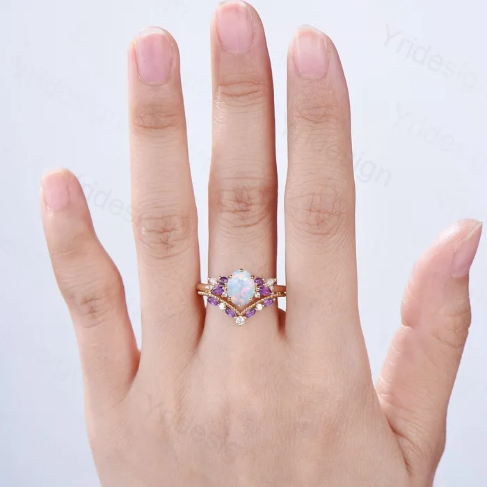 Unique White Opal Engagement Ring Set Alternative Cluster Amethyst Fire Opal Wedding Ring Vintage Bee Opal Amethyst Bridal Set For Women PENFINE Rings Unique White Opal Engagement Ring Set Alternative Cluster Amethyst Fire Opal Wedding Ring Vintage Bee Opal Amethyst Bridal Set For Women PENFINE Rings