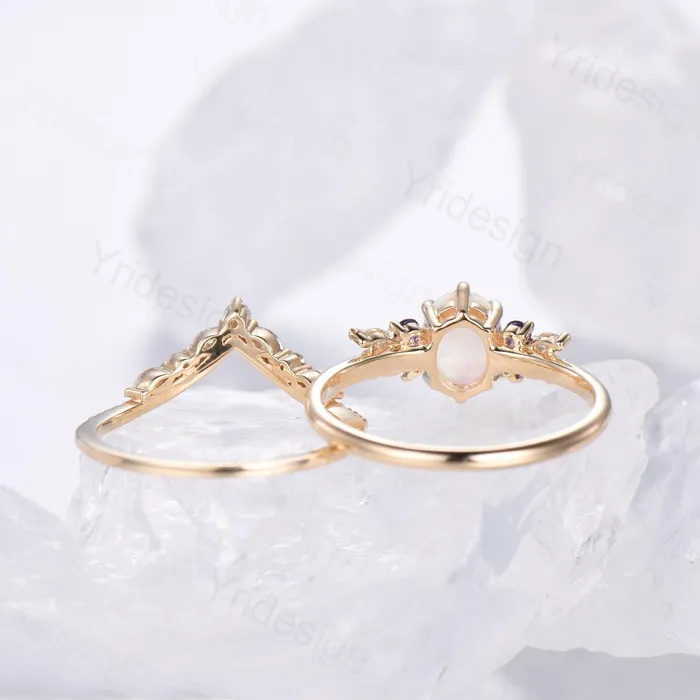 Unique White Opal Engagement Ring Set Alternative Cluster Amethyst Fire Opal Wedding Ring Vintage Bee Opal Amethyst Bridal Set For Women PENFINE Rings Unique White Opal Engagement Ring Set Alternative Cluster Amethyst Fire Opal Wedding Ring Vintage Bee Opal Amethyst Bridal Set For Women PENFINE Rings