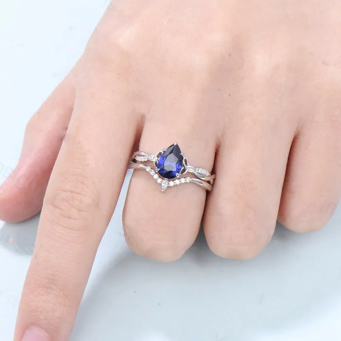 Vintage Sapphire Ring Bridal Set Norse Viking 6x9mm pear shaped sapphire engagement ring set Unique twisted infinity wedding set for women PENFINE Rings
