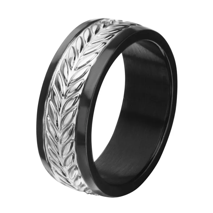 Black and Silver Tone Stainless Steel Leaf Patterned Band INOX JEWELRY Rings