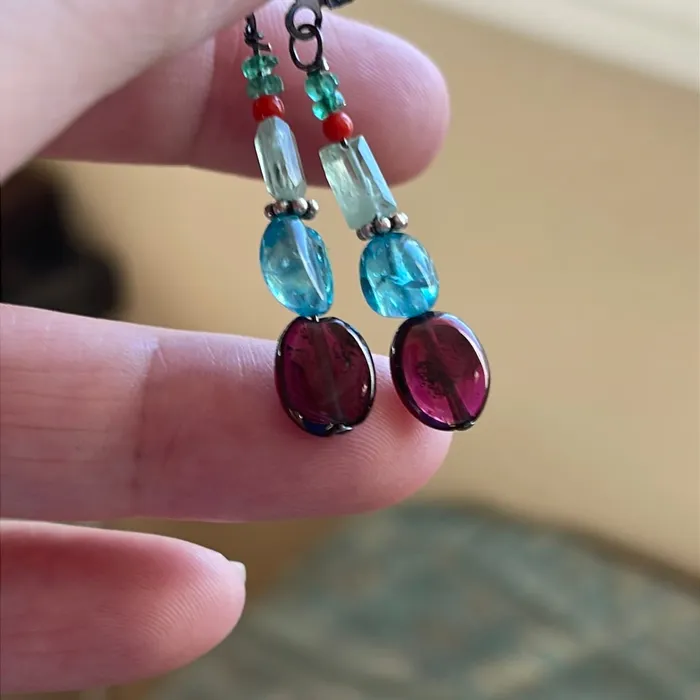 Gemstone Earrings Garnet Apatite Mint Kyanite Coral and Emerald Sterling Silver Vintage Vintage Paris Jewelry Earrings