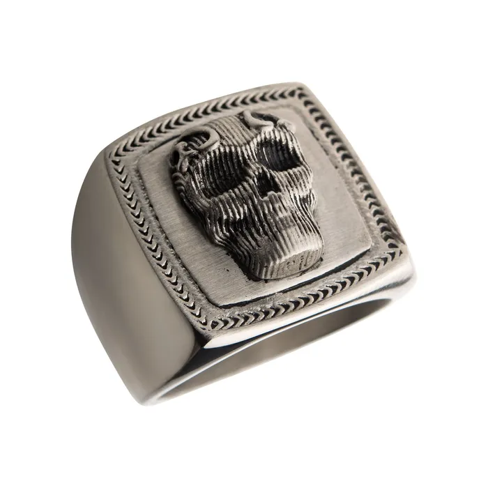 Rings INOX JEWELRY Antiqued Silver Tone Stainless Steel Oxidized Matte Finish 3D Skull Ring
