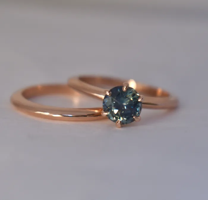 Teal Blue Montana Sapphire Solitaire Engagement Ring Set 14K Rose Gold Albrecht Jewellery Rings Teal Blue Montana Sapphire Solitaire Engagement Ring Set 14K Rose Gold Albrecht Jewellery Rings