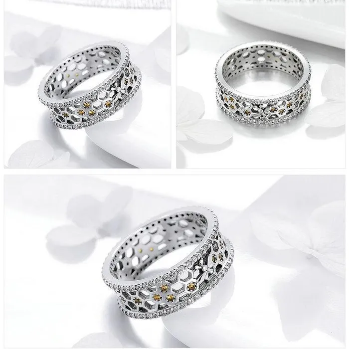 The Pink Pigs Rings Honey Bee Honeycomb Ring in 925 Sterling Silver