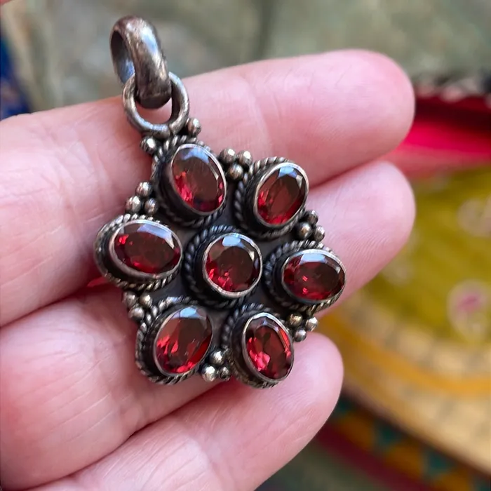 Vintage Paris Jewelry Necklaces Garnet Flower Pendant Sterling Silver Vintage